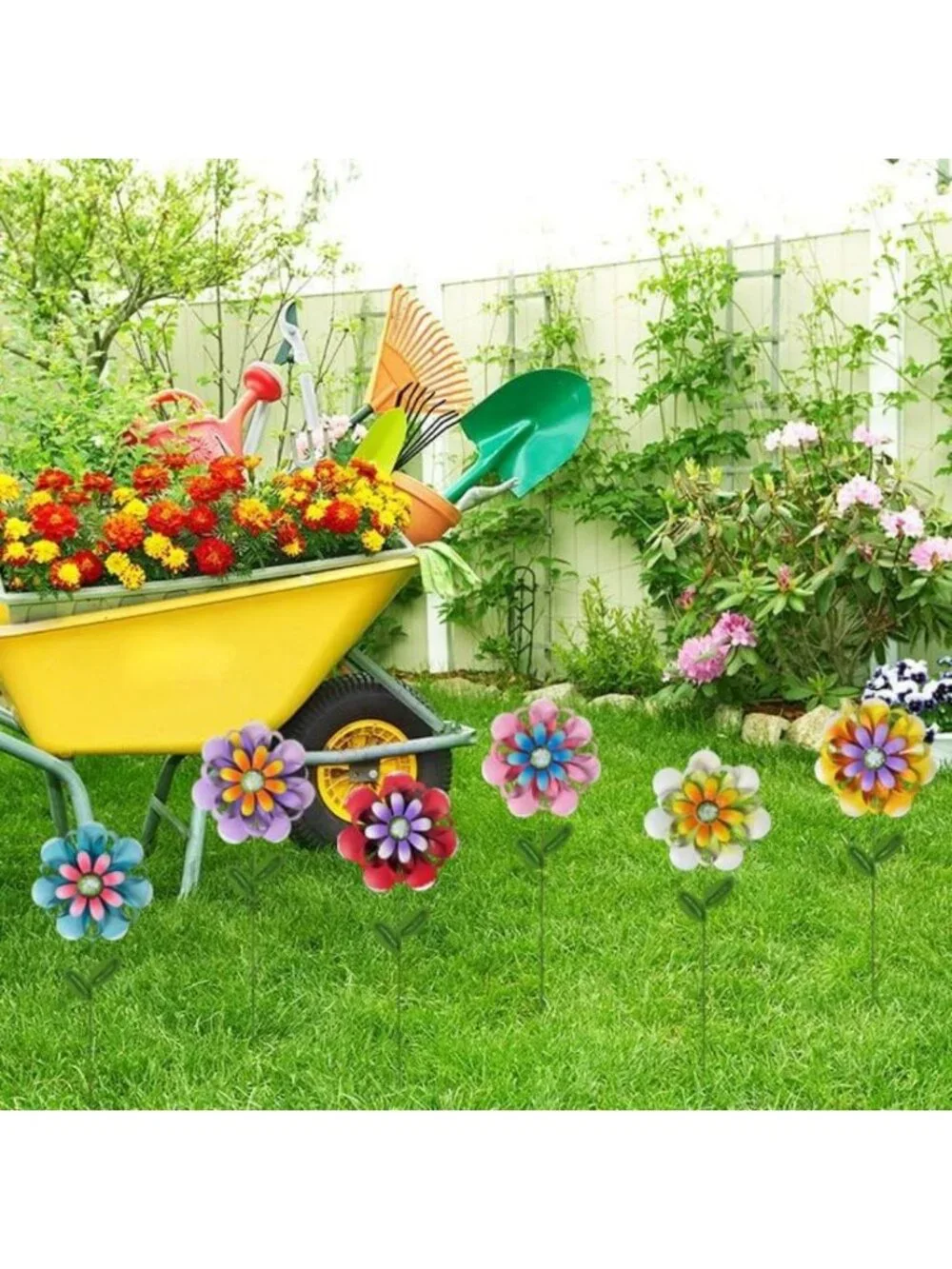 Colorful Metal Flower Garden Stakes Set of 6 - Large Decorative Outdoor Decor